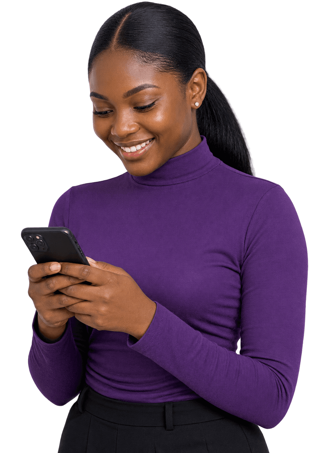 A customer smiling at her phone after paying with Sofapay